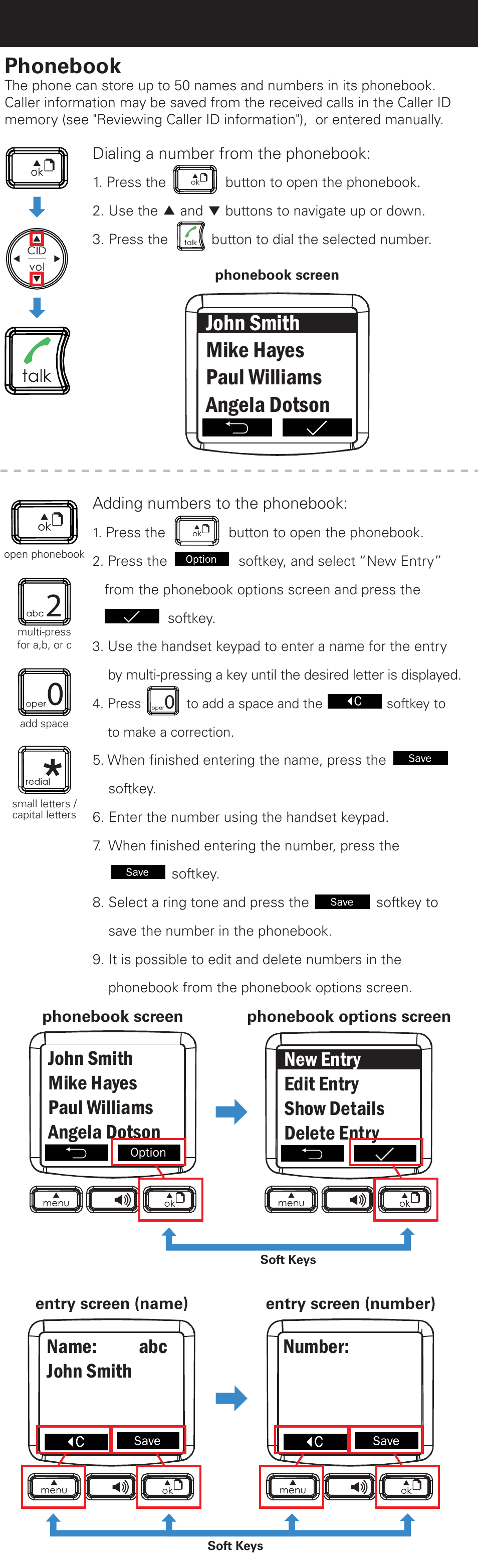 Phonebook, John smith mike hayes paul williams angela dotson, New entry edit entry show details delete entry | Name: abc john smith number | Emerson EM6120-2 User Manual | Page 8 / 28