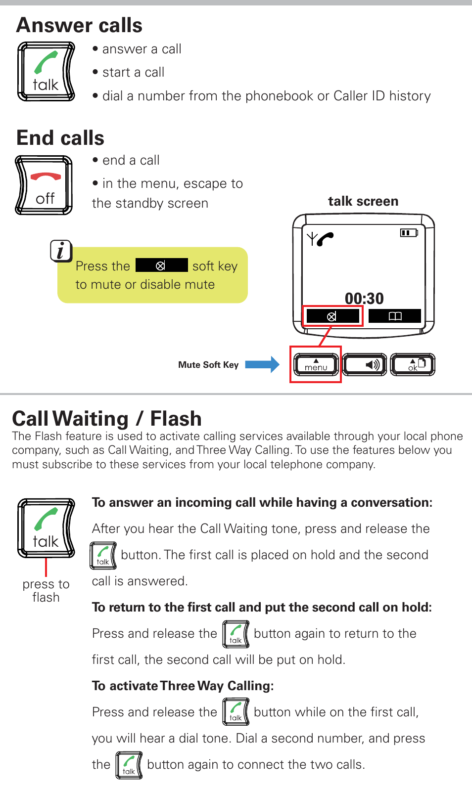 Answer calls, Call waiting / flash, End calls | Emerson EM6120-2 User Manual | Page 9 / 28