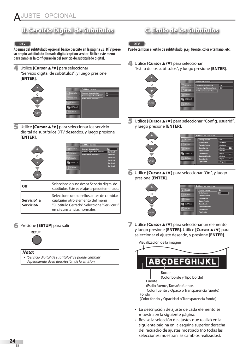 Juste opcional, B. servicio digital de subtítulos, C. estilo de los subtítulos | Nota, Presione [setup] para salir | Emerson LC195EMX User Manual | Page 100 / 115