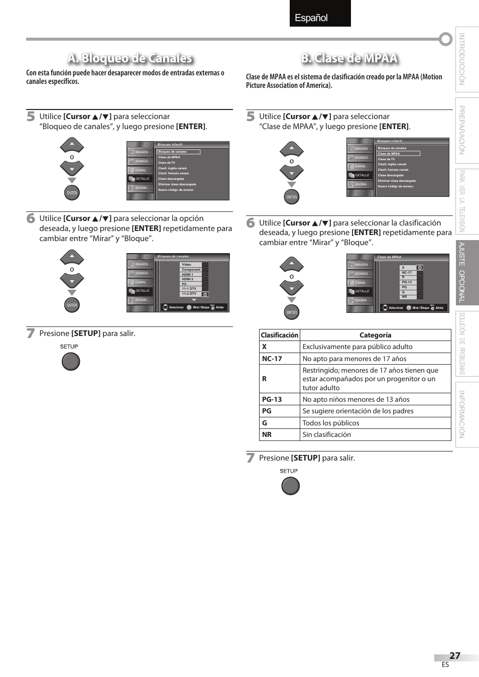English español français, A. bloqueo de canales, B. clase de mpaa | Presione [setup] para salir | Emerson LC195EMX User Manual | Page 103 / 115
