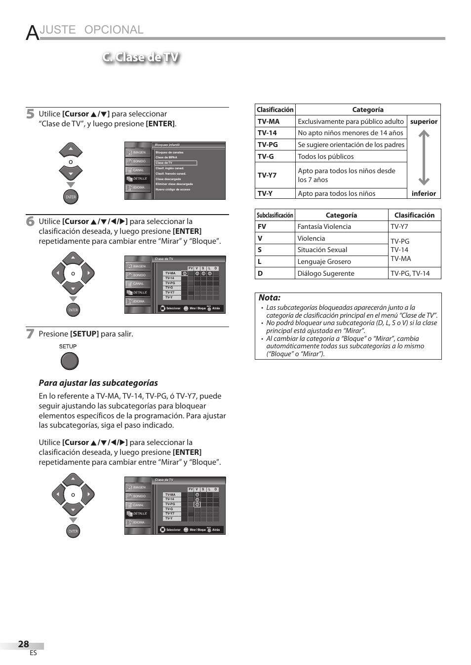 Juste opcional, C. clase de tv, Para ajustar las subcategorías | Nota, Presione [setup] para salir | Emerson LC195EMX User Manual | Page 104 / 115