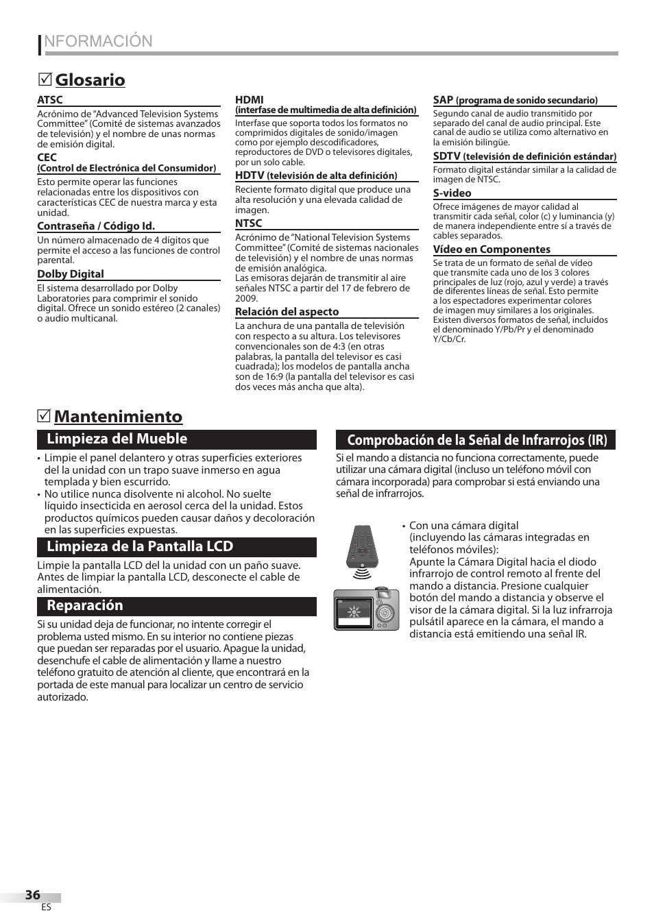 Nformación, Glosario 5 mantenimiento 5, Limpieza del mueble | Limpieza de la pantalla lcd, Reparación, Comprobación de la señal de infrarrojos (ir) | Emerson LC195EMX User Manual | Page 112 / 115