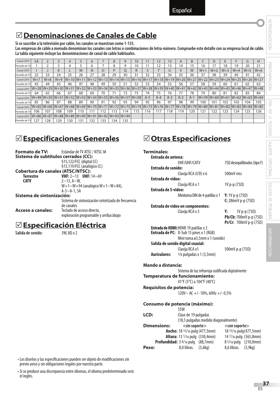 English español français, Especificaciones generales, Especificación eléctrica | 5otras especificaciones, Denominaciones de canales de cable 5 | Emerson LC195EMX User Manual | Page 113 / 115