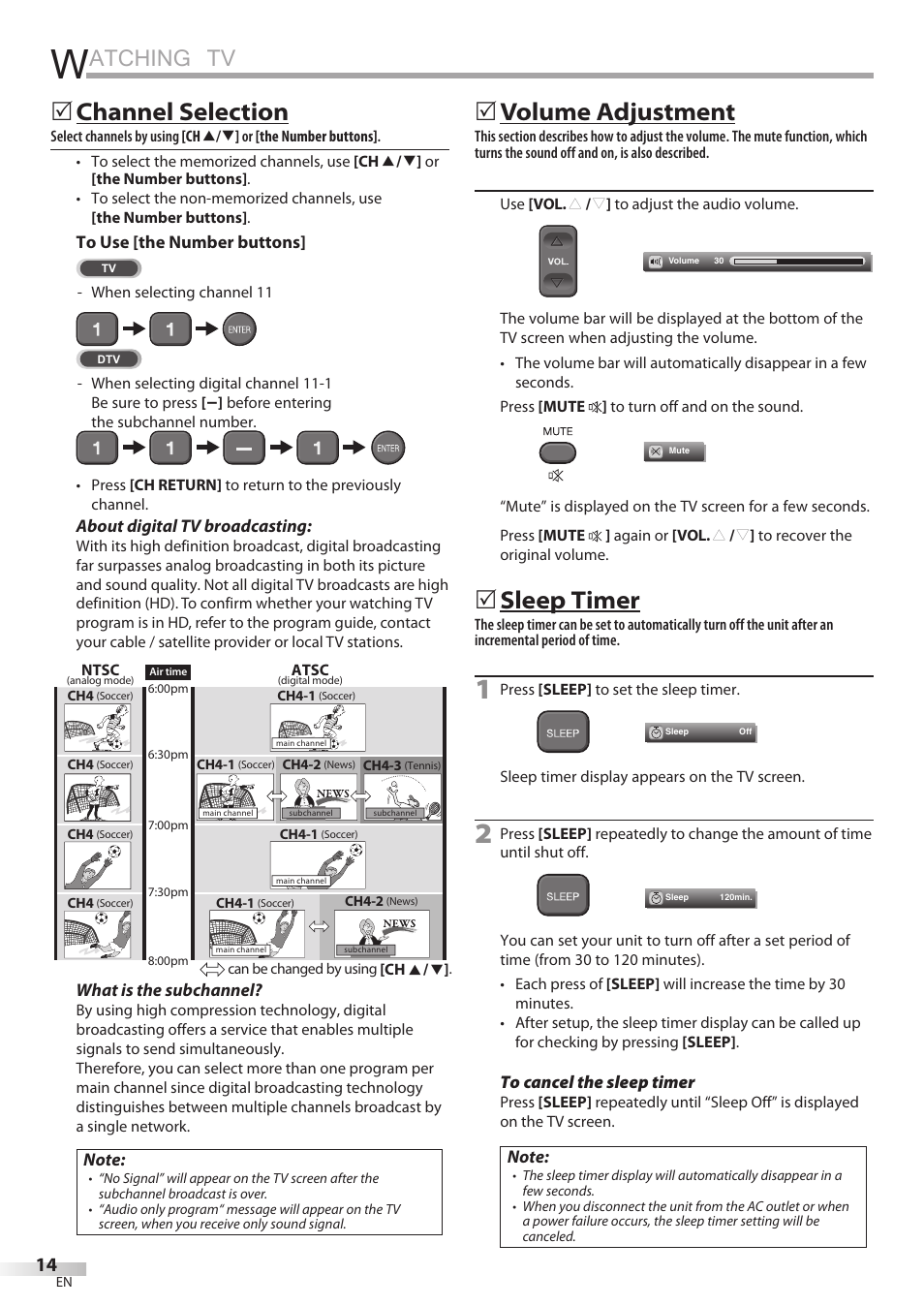 Atching tv, Channel selection, Volume adjustment | Sleep timer | Emerson LC195EMX User Manual | Page 14 / 115