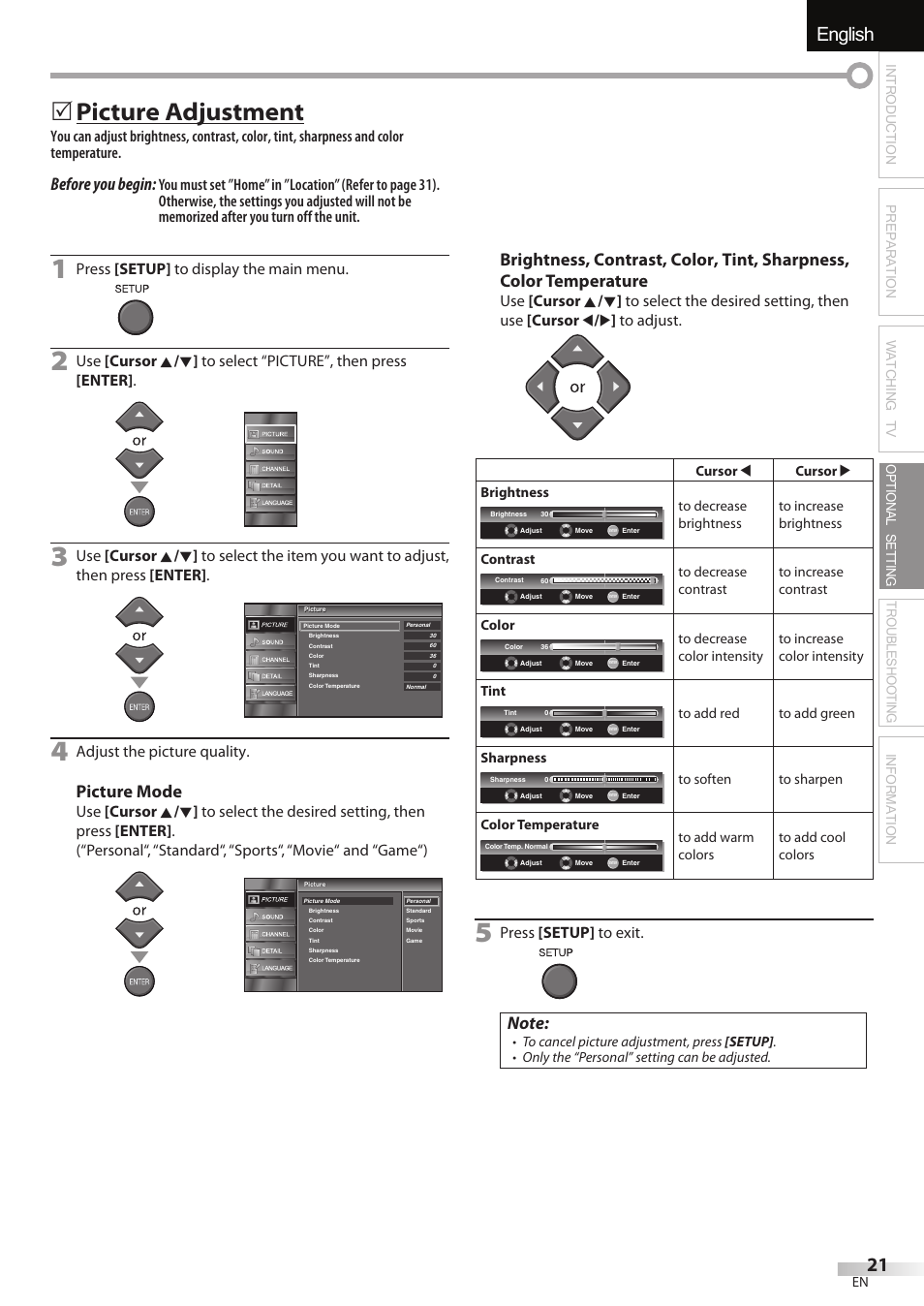 English español français, Picture adjustment, Before you begin | Picture mode, Press [setup] to display the main menu, Adjust the picture quality, Press [setup] to exit | Emerson LC195EMX User Manual | Page 21 / 115