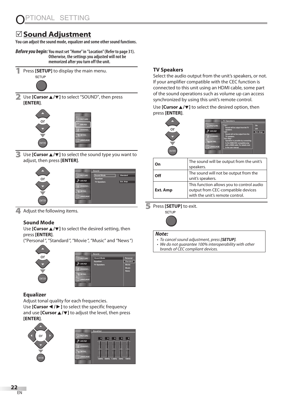 Ptional setting, Sound adjustment, Before you begin | Sound mode, Equalizer, Tv speakers | Emerson LC195EMX User Manual | Page 22 / 115