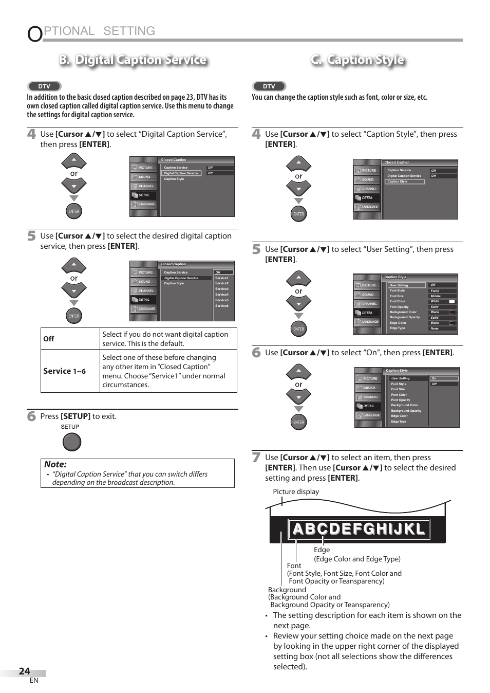 Ptional setting, B. digital caption service, C. caption style | Emerson LC195EMX User Manual | Page 24 / 115