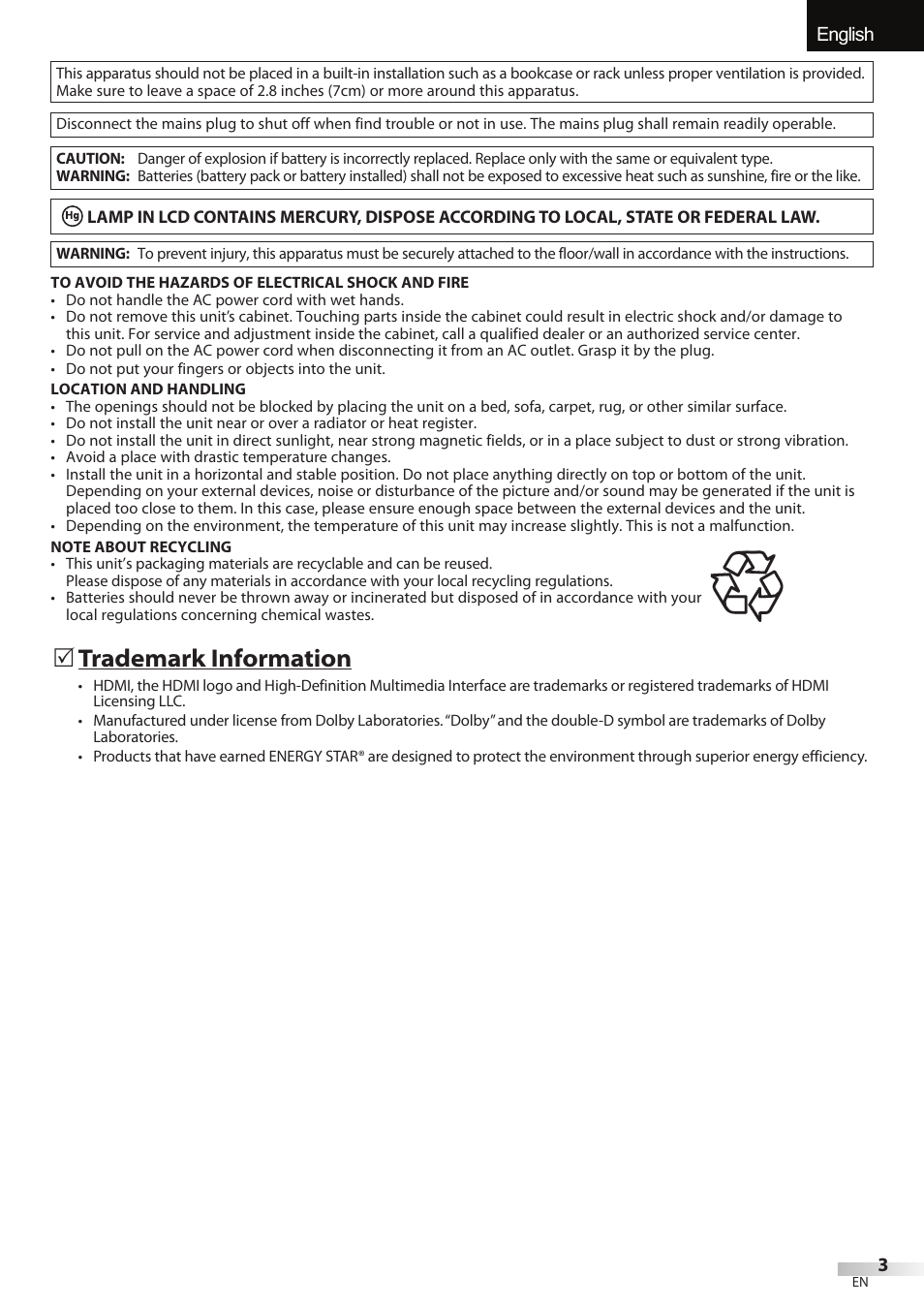 English español français, Trademark information | Emerson LC195EMX User Manual | Page 3 / 115