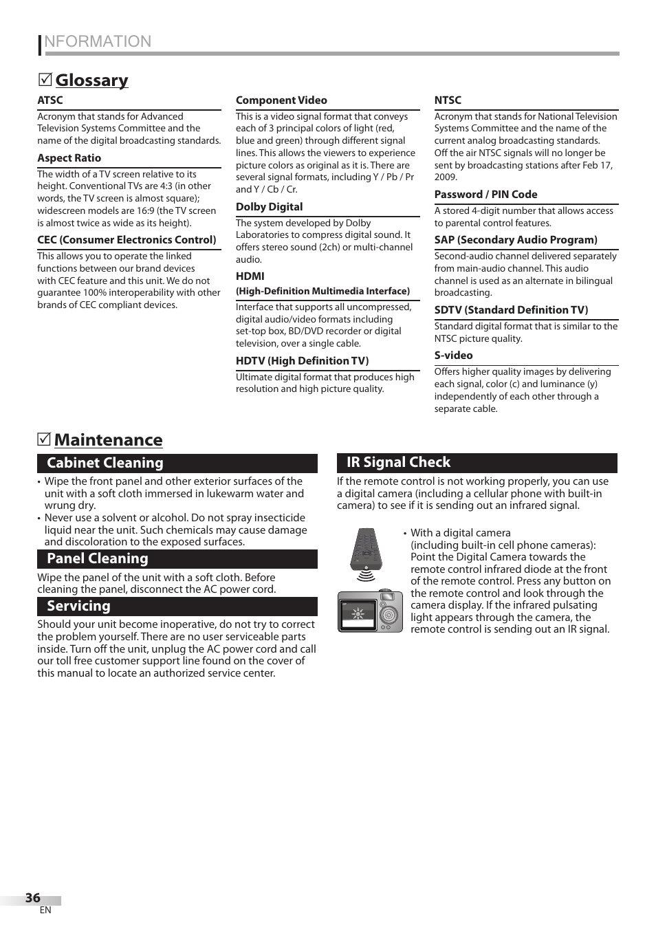 Nformation, Glossary 5 maintenance 5, Cabinet cleaning | Panel cleaning, Servicing, Ir signal check | Emerson LC195EMX User Manual | Page 36 / 115