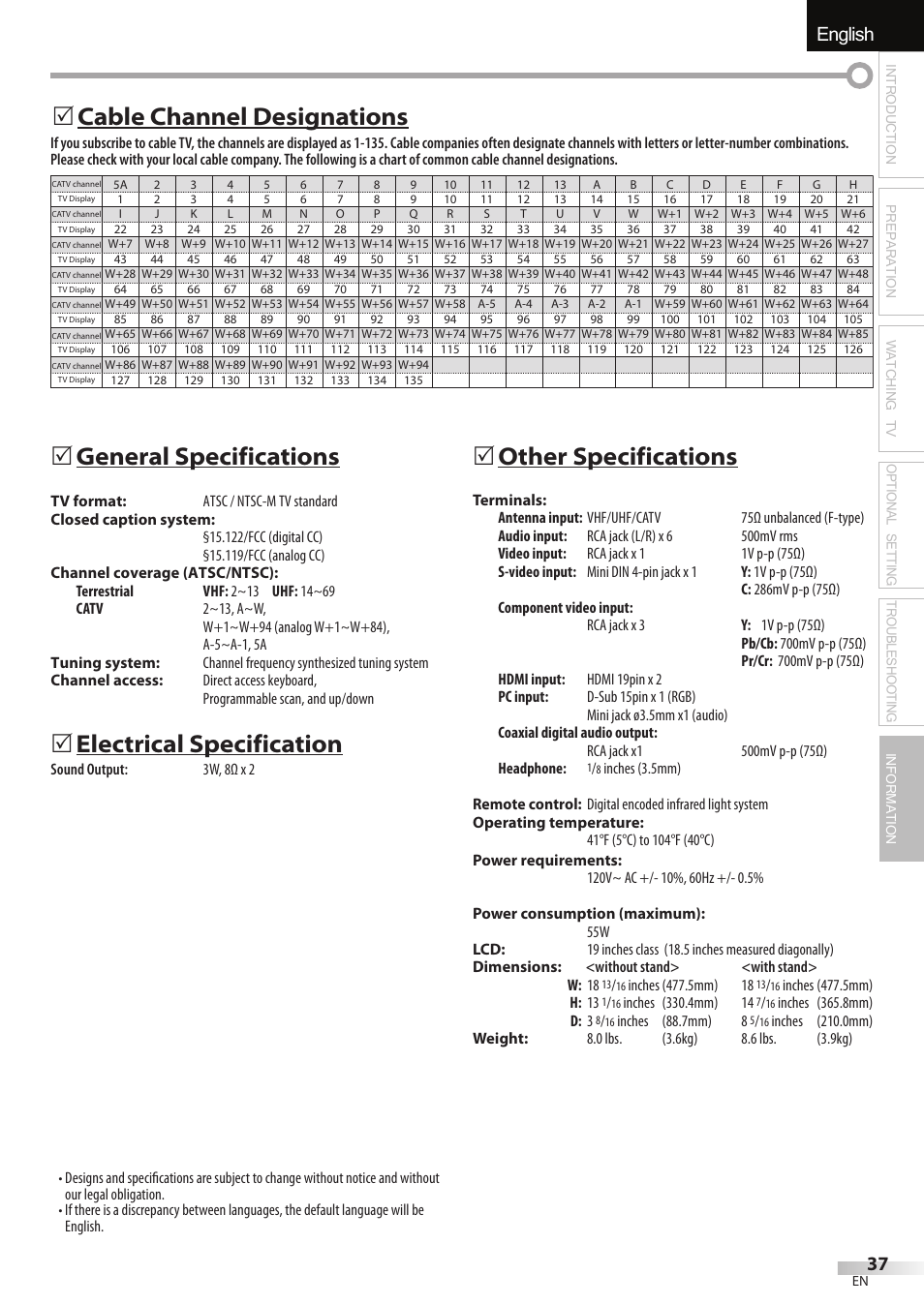 English español français, General specifications, Electrical specification | 5other specifications, Cable channel designations 5 | Emerson LC195EMX User Manual | Page 37 / 115