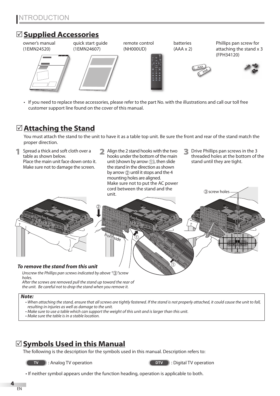 Ntroduction, Supplied accessories 5 attaching the stand, Symbols used in this manual | Emerson LC195EMX User Manual | Page 4 / 115
