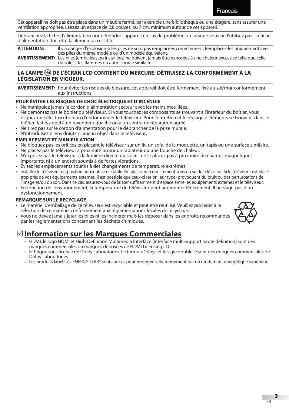 Français, Information sur les marques commerciales | Emerson LC195EMX User Manual | Page 41 / 115