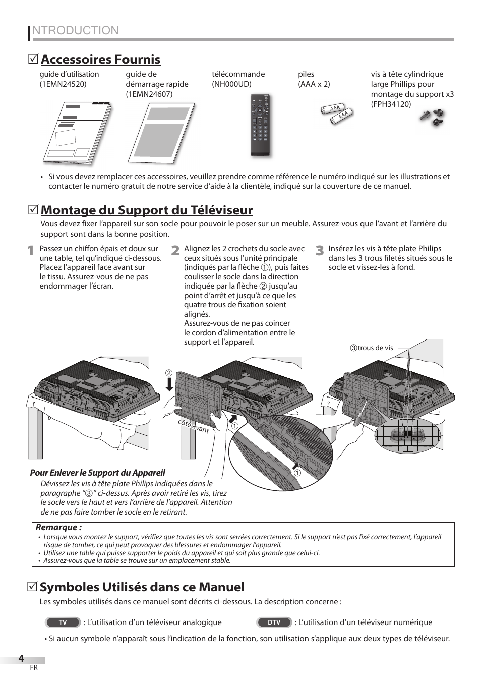 Ntroduction, Montage du support du téléviseur, 5accessoires fournis 5 | Symboles utilisés dans ce manuel | Emerson LC195EMX User Manual | Page 42 / 115