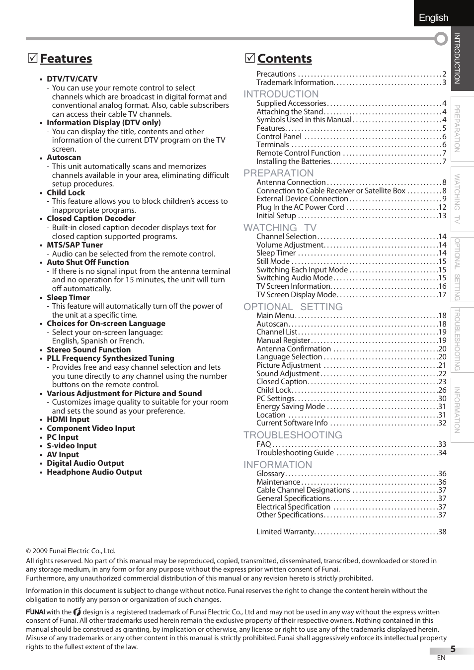 English español français, Introduction, Preparation | Watching tv, Optional setting, Troubleshooting, Information, Features 5, Contents 5 | Emerson LC195EMX User Manual | Page 5 / 115