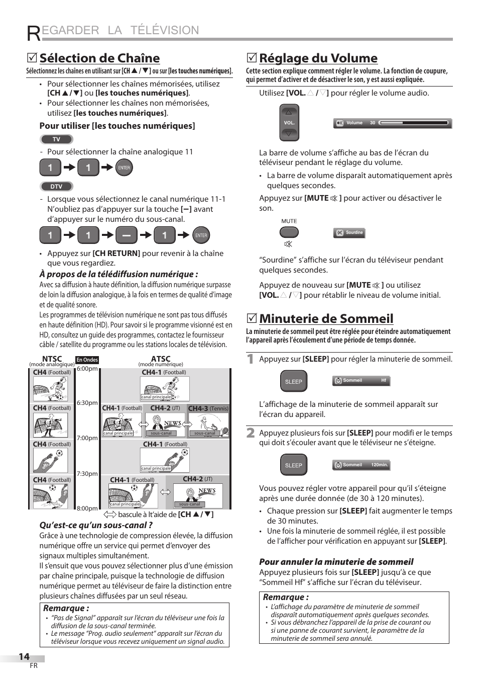 Egarder la télévision, Sélection de chaîne, Réglage du volume | Minuterie de sommeil | Emerson LC195EMX User Manual | Page 52 / 115