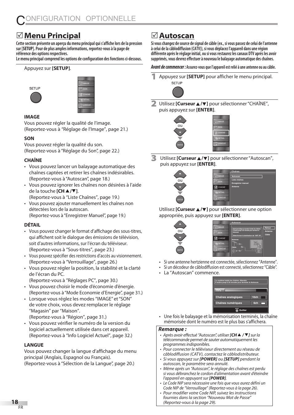 Onfiguration optionnelle, Menu principal, Autoscan | Avant de commencer, Remarque | Emerson LC195EMX User Manual | Page 56 / 115