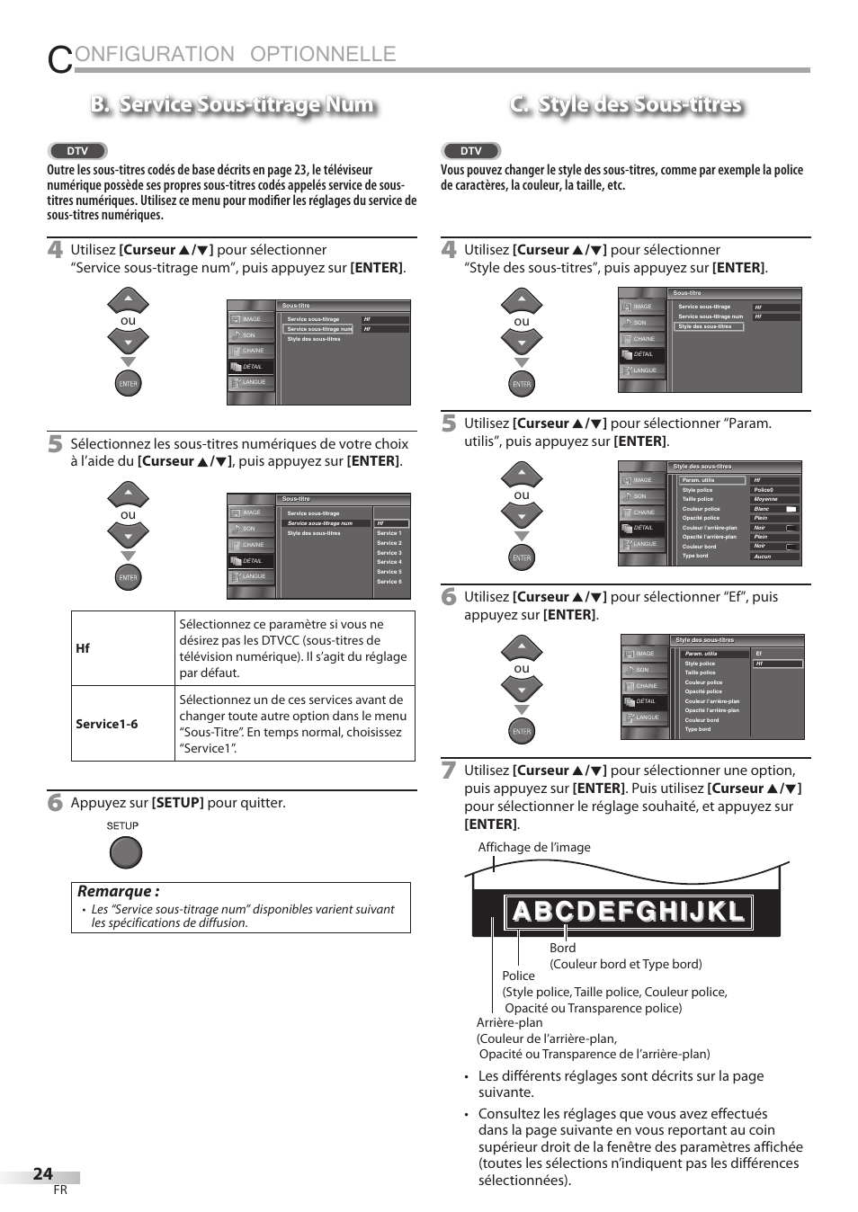 Onfiguration optionnelle, B. service sous-titrage num, C. style des sous-titres | Remarque, Appuyez sur [setup] pour quitter | Emerson LC195EMX User Manual | Page 62 / 115