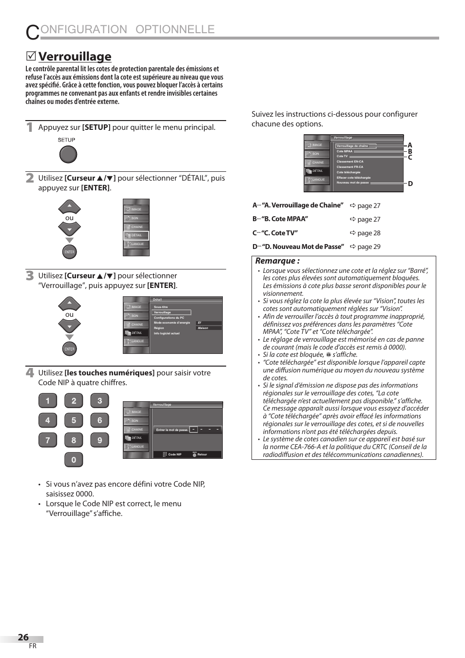 Onfiguration optionnelle, Verrouillage, Remarque | Appuyez sur [setup] pour quitter le menu principal | Emerson LC195EMX User Manual | Page 64 / 115