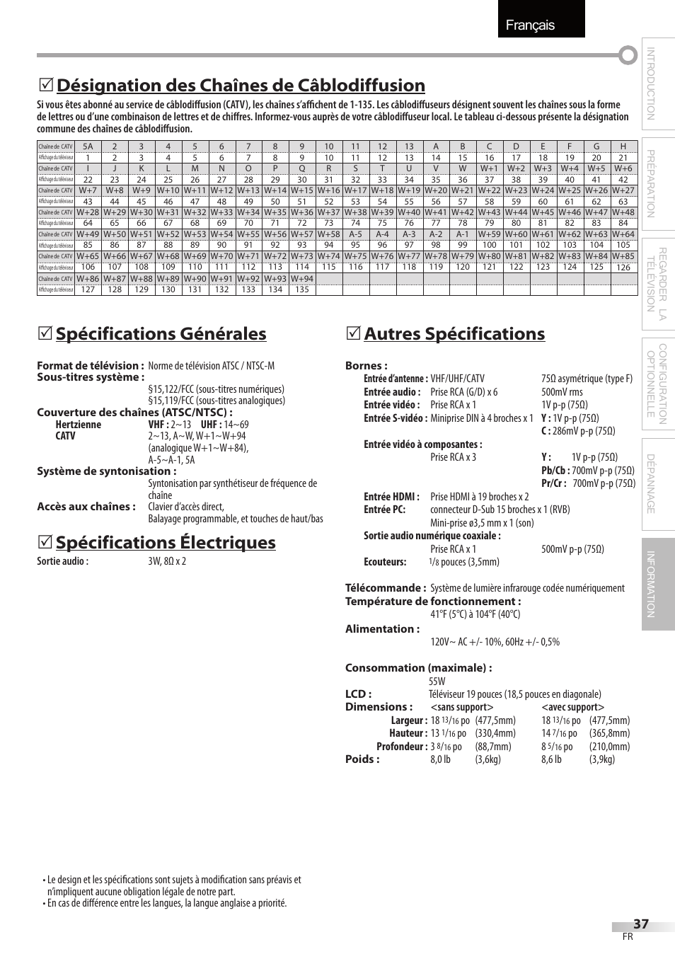 Français, Spécifications générales, Spécifications électriques | 5autres spécifications, Désignation des chaînes de câblodiffusion 5 | Emerson LC195EMX User Manual | Page 75 / 115