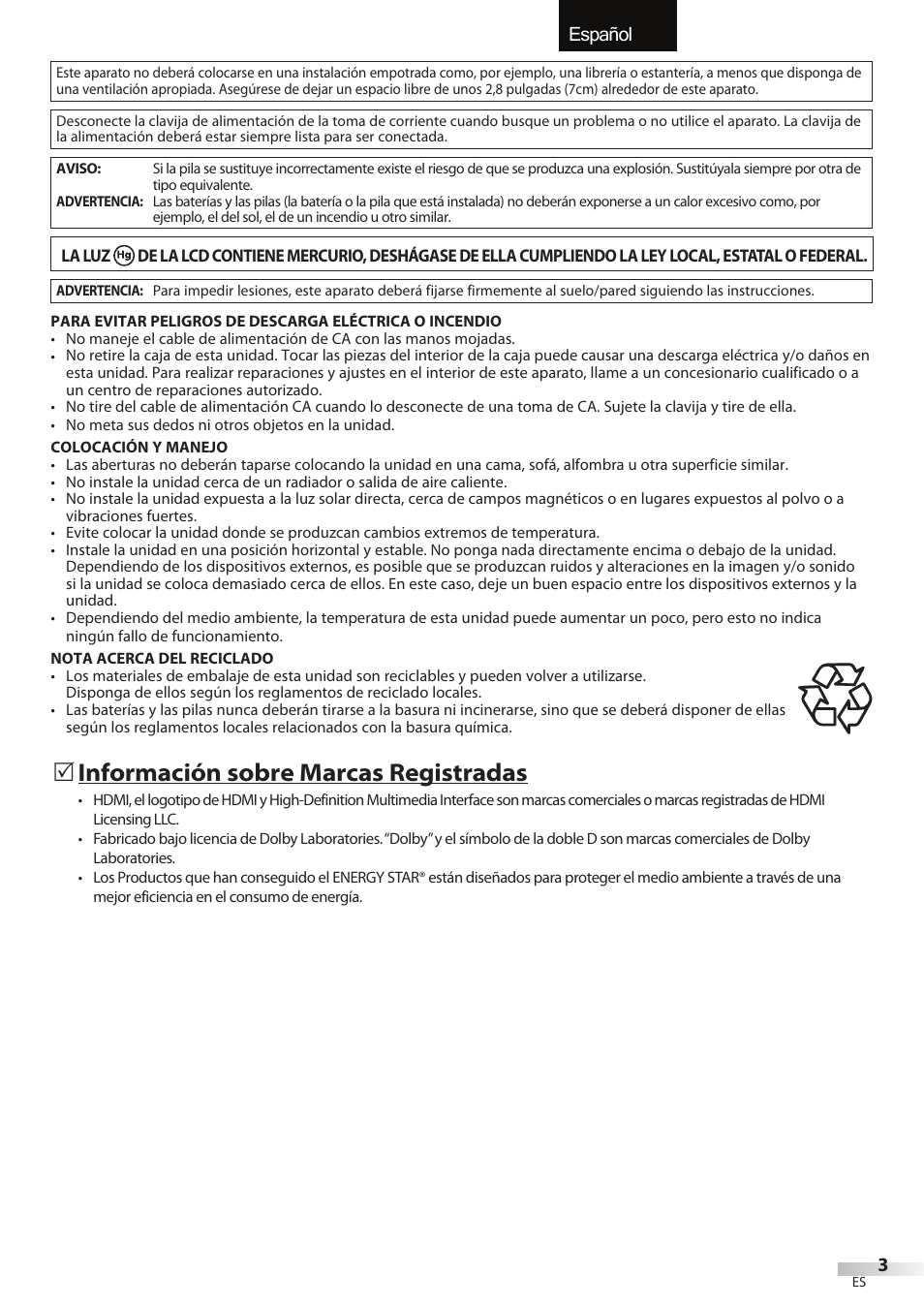 English español français, Información sobre marcas registradas | Emerson LC195EMX User Manual | Page 79 / 115