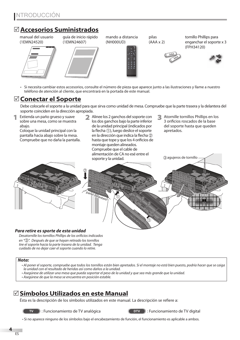 Ntroducción, Accesorios suministrados 5, Conectar el soporte | Símbolos utilizados en este manual | Emerson LC195EMX User Manual | Page 80 / 115