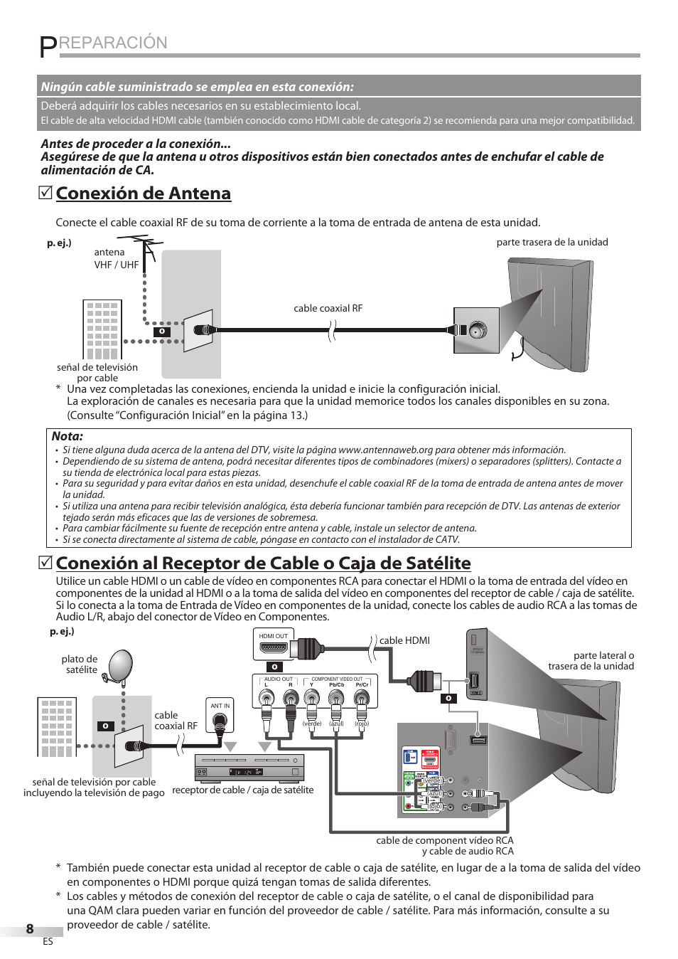 Reparación, Conexión de antena, Conexión al receptor de cable o caja de satélite | Nota | Emerson LC195EMX User Manual | Page 84 / 115