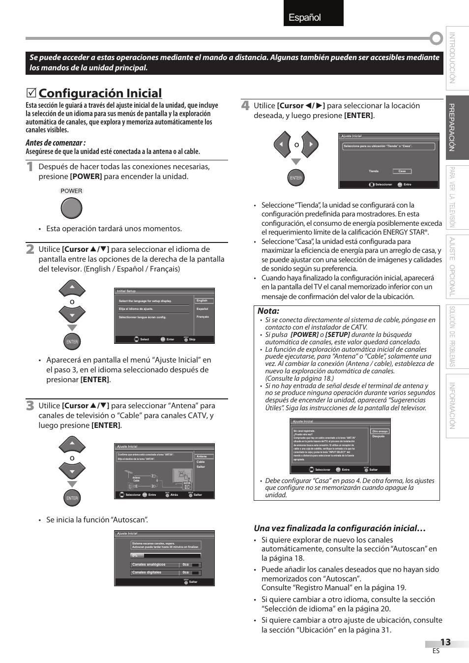 English español français, Configuración inicial, Antes de comenzar | Nota, Una vez finalizada la configuración inicial, Se inicia la función “autoscan | Emerson LC195EMX User Manual | Page 89 / 115
