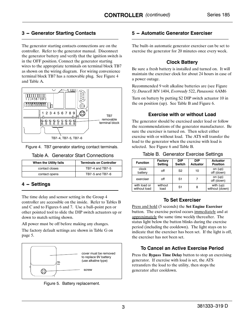 Controller, Table a. generator start connections, 4 --- settings | 5 --- automatic generator exerciser, Clock battery, Exercise with or without load, Table b. generator exercise settings | Emerson ASCO 185 User Manual | Page 5 / 12