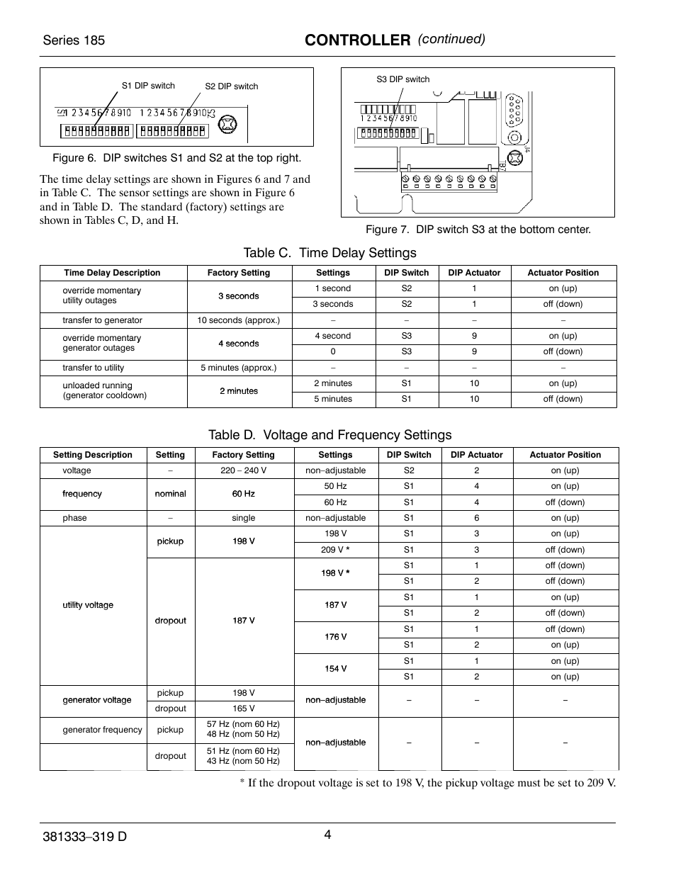 Controller, Series 185, Table c. time delay settings | Table d. voltage and frequency settings | Emerson ASCO 185 User Manual | Page 6 / 12