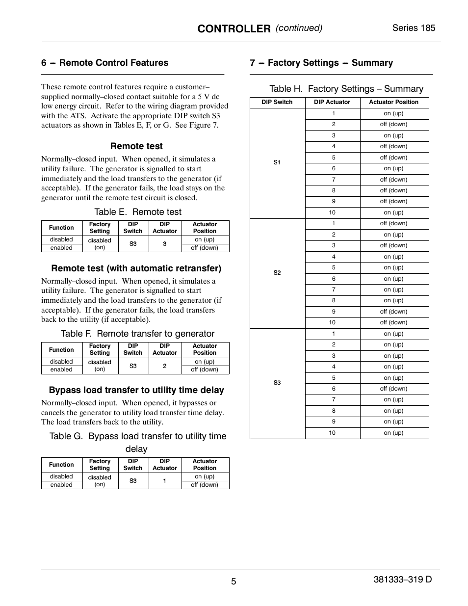Controller, Remote test, Table e. remote test | Remote test (with automatic retransfer), Table f. remote transfer to generator, Bypass load transfer to utility time delay | Emerson ASCO 185 User Manual | Page 7 / 12