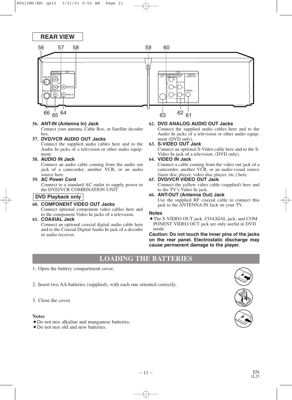 Loading the batteries, Rear view, Do not mix alkaline and manganese batteries | Do not mix old and new batteries, Dvd playback only | Emerson EWD2203M User Manual | Page 11 / 34