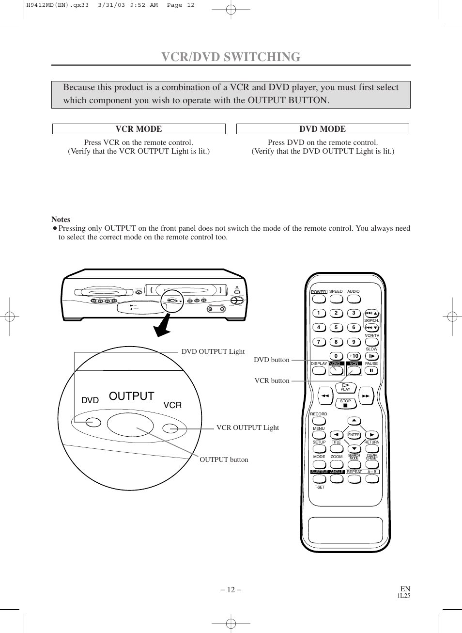 Vcr/dvd switching, Output, Vcr mode | Dvd mode, Dvd vcr, Dvd vcr timer rec | Emerson EWD2203M User Manual | Page 12 / 34