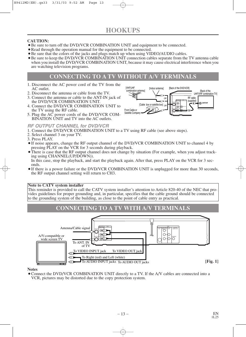 Hookups, Connecting to a tv with a/v terminals, Connecting to a tv without a/v terminals | Rf output channel for dvd/vcr, Caution | Emerson EWD2203M User Manual | Page 13 / 34