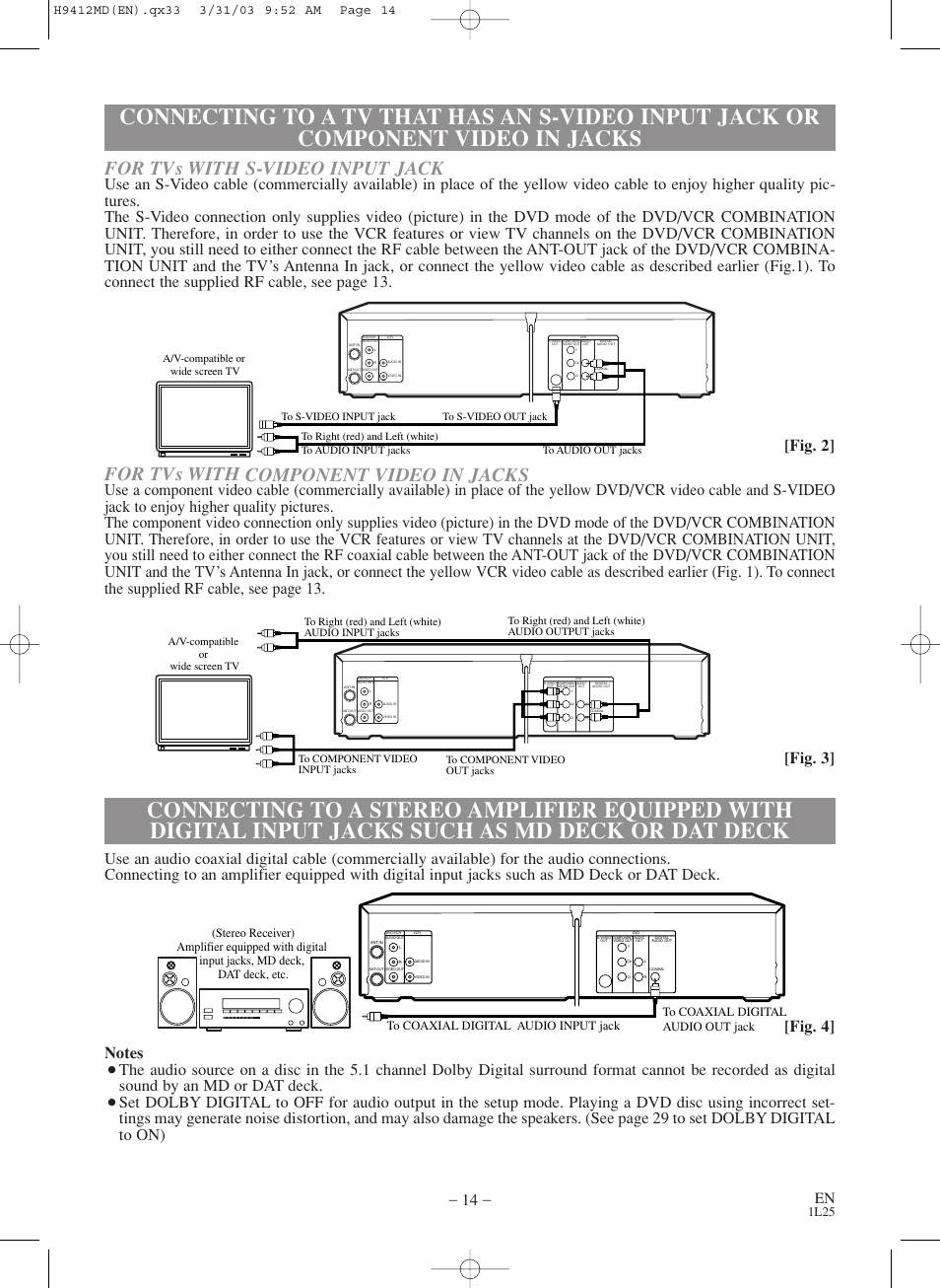 For tvs with component video in jacks, For tvs with s-video input jack, Fig. 3] [fig. 2 | 1l25 | Emerson EWD2203M User Manual | Page 14 / 34