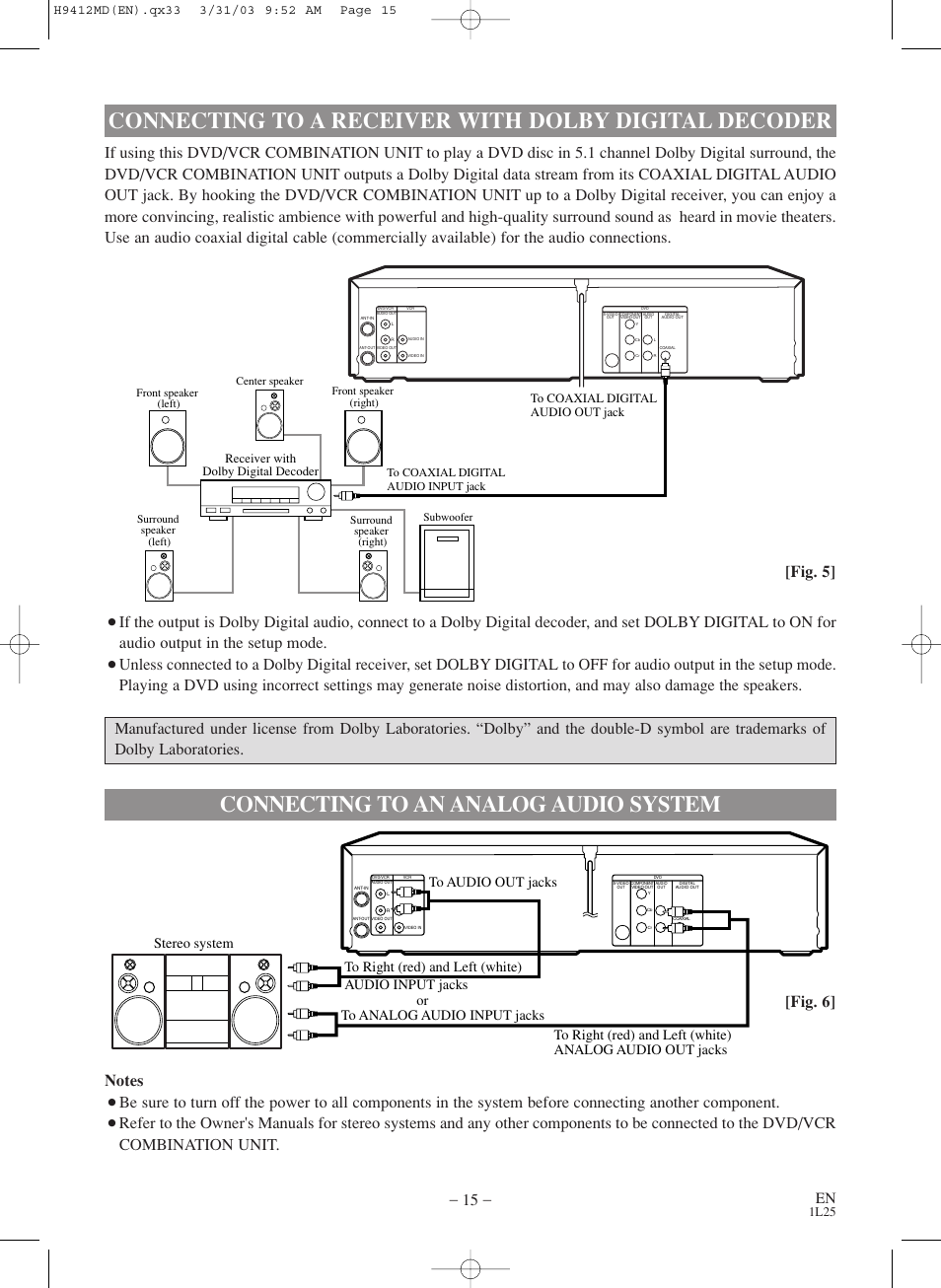 Connecting to an analog audio system, Fig. 6, Stereo system to analog audio input jacks | 1l25, Receiver with dolby digital decoder | Emerson EWD2203M User Manual | Page 15 / 34