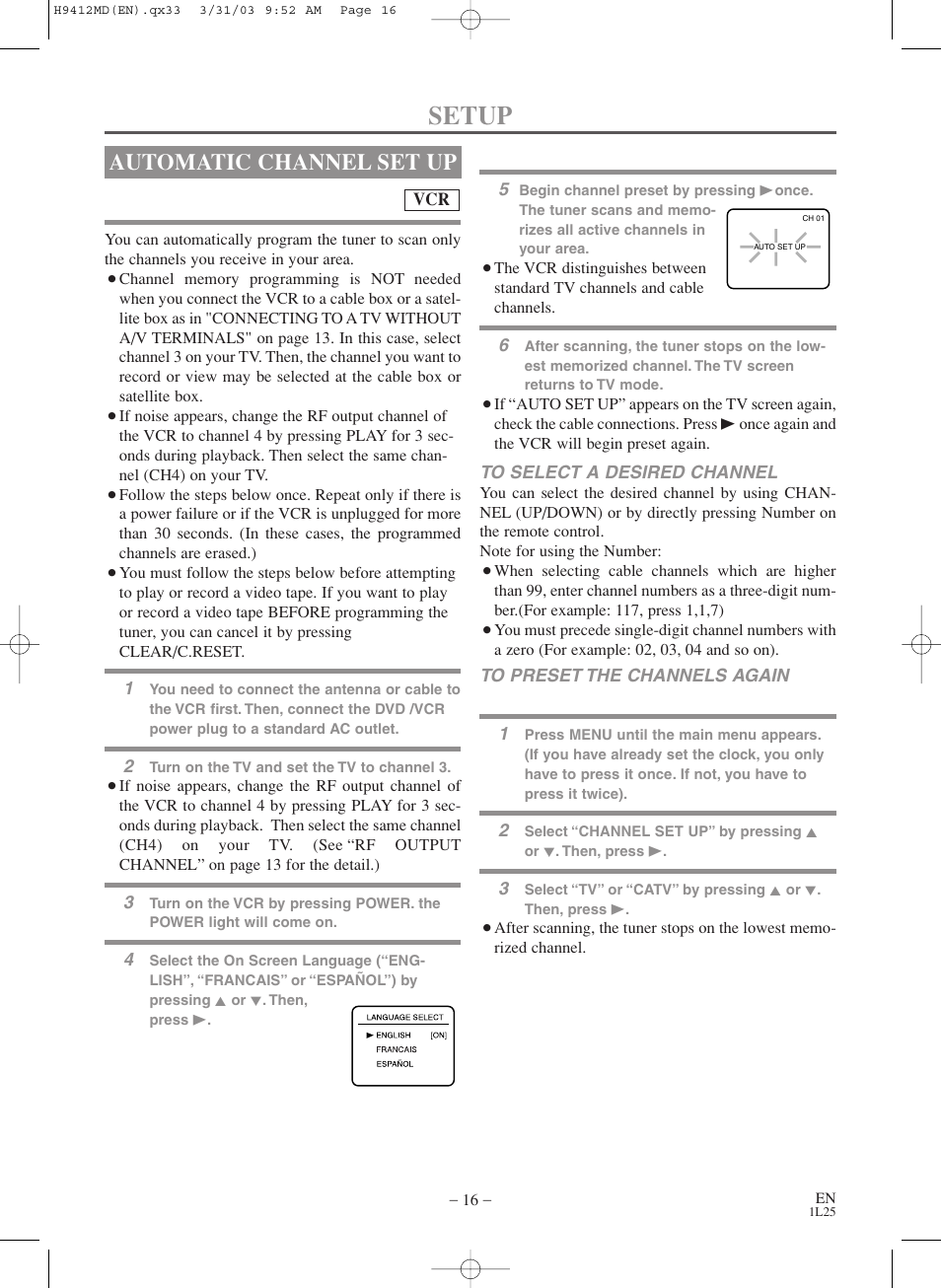 Setup, Automatic channel set up | Emerson EWD2203M User Manual | Page 16 / 34