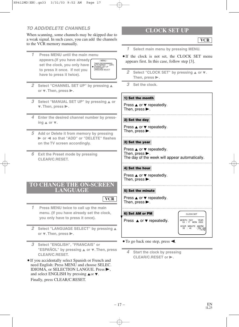 Clock set up, Vcr to add/delete channels | Emerson EWD2203M User Manual | Page 17 / 34