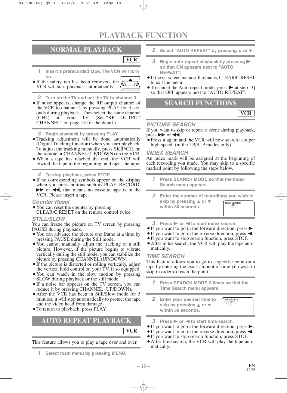 Playback function, Normal playback, Auto repeat playback | Search functions | Emerson EWD2203M User Manual | Page 18 / 34