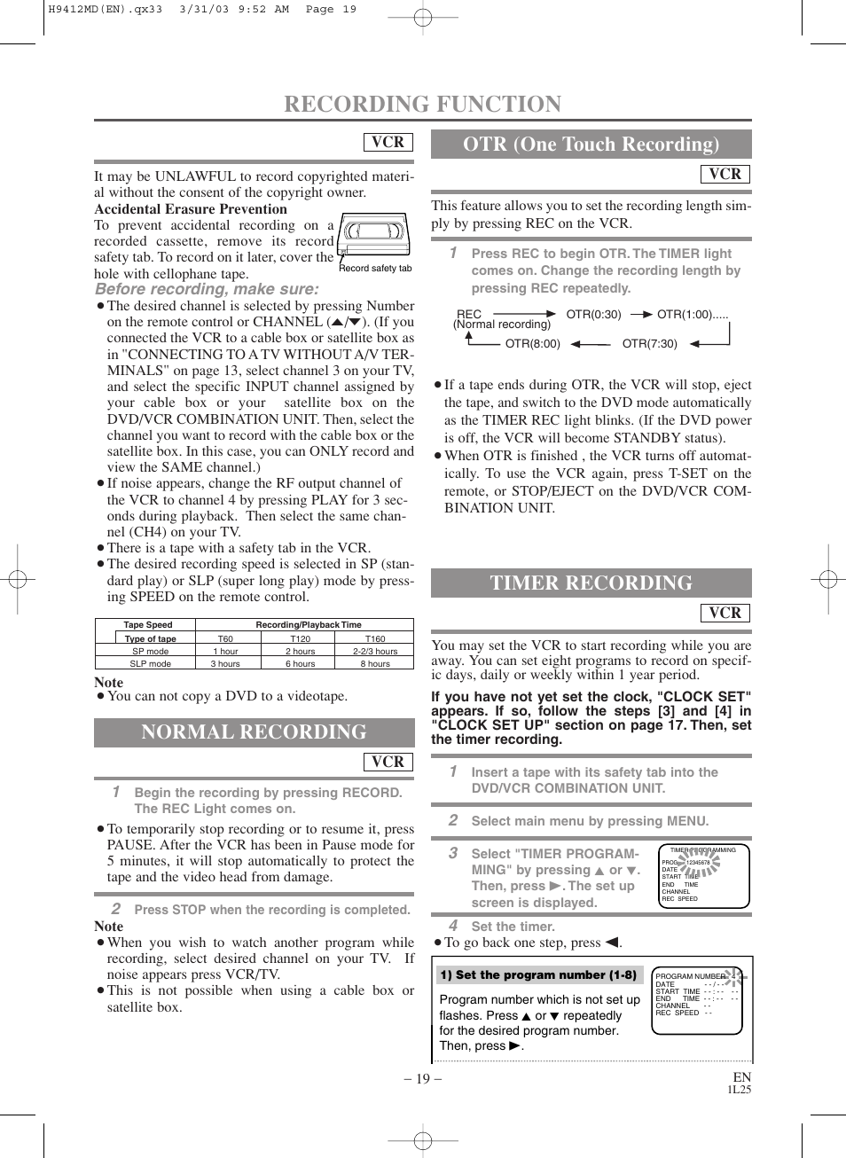 Recording function, Normal recording, Otr (one touch recording) | Timer recording, Before recording, make sure | Emerson EWD2203M User Manual | Page 19 / 34