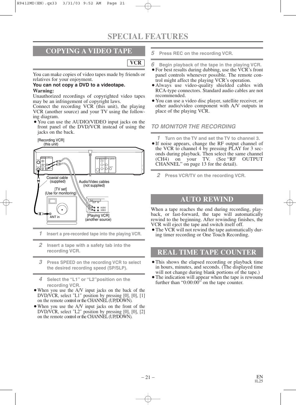 Special features, Copying a video tape, Auto rewind | Real time tape counter | Emerson EWD2203M User Manual | Page 21 / 34