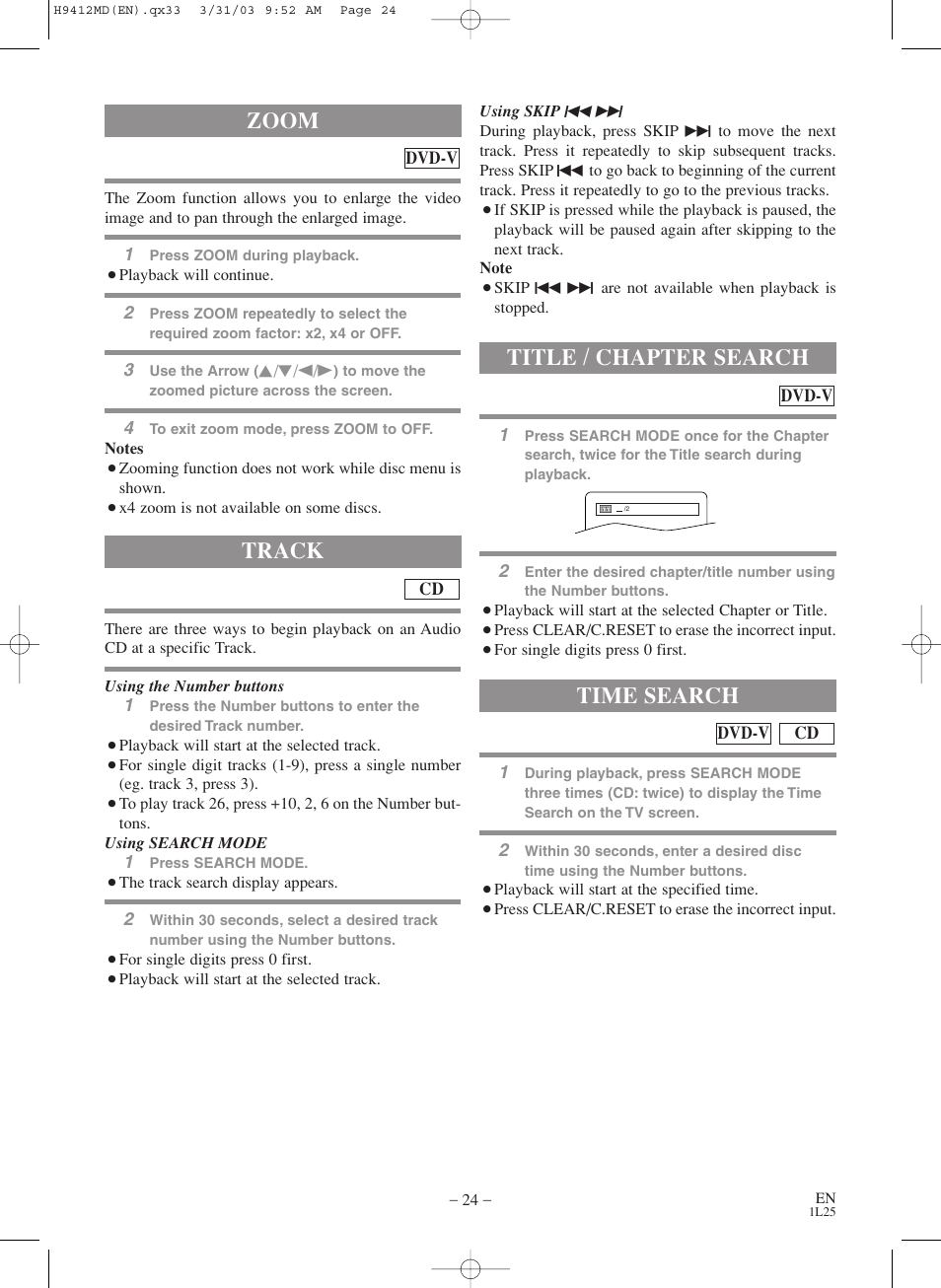 Track, Zoom, Title / chapter search | Time search | Emerson EWD2203M User Manual | Page 24 / 34