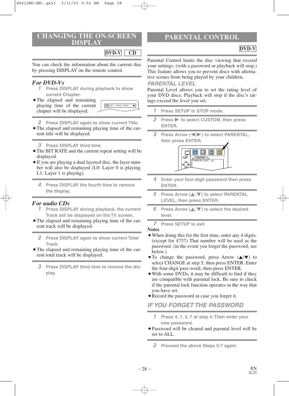 Changing the on-screen display, Parental control | Emerson EWD2203M User Manual | Page 28 / 34