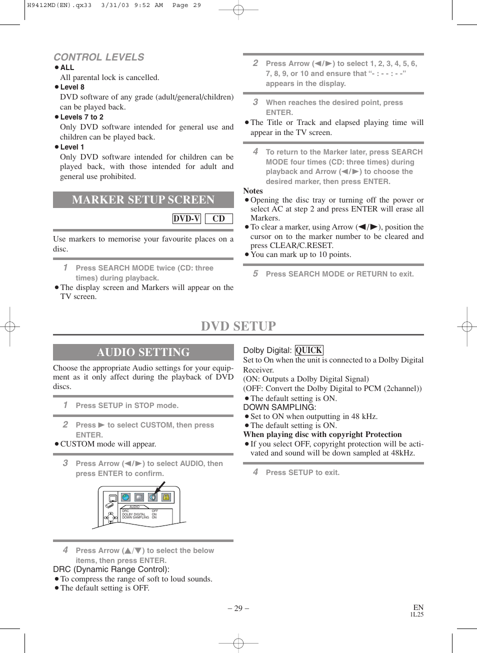 Dvd setup, Marker setup screen, Audio setting | Control levels | Emerson EWD2203M User Manual | Page 29 / 34