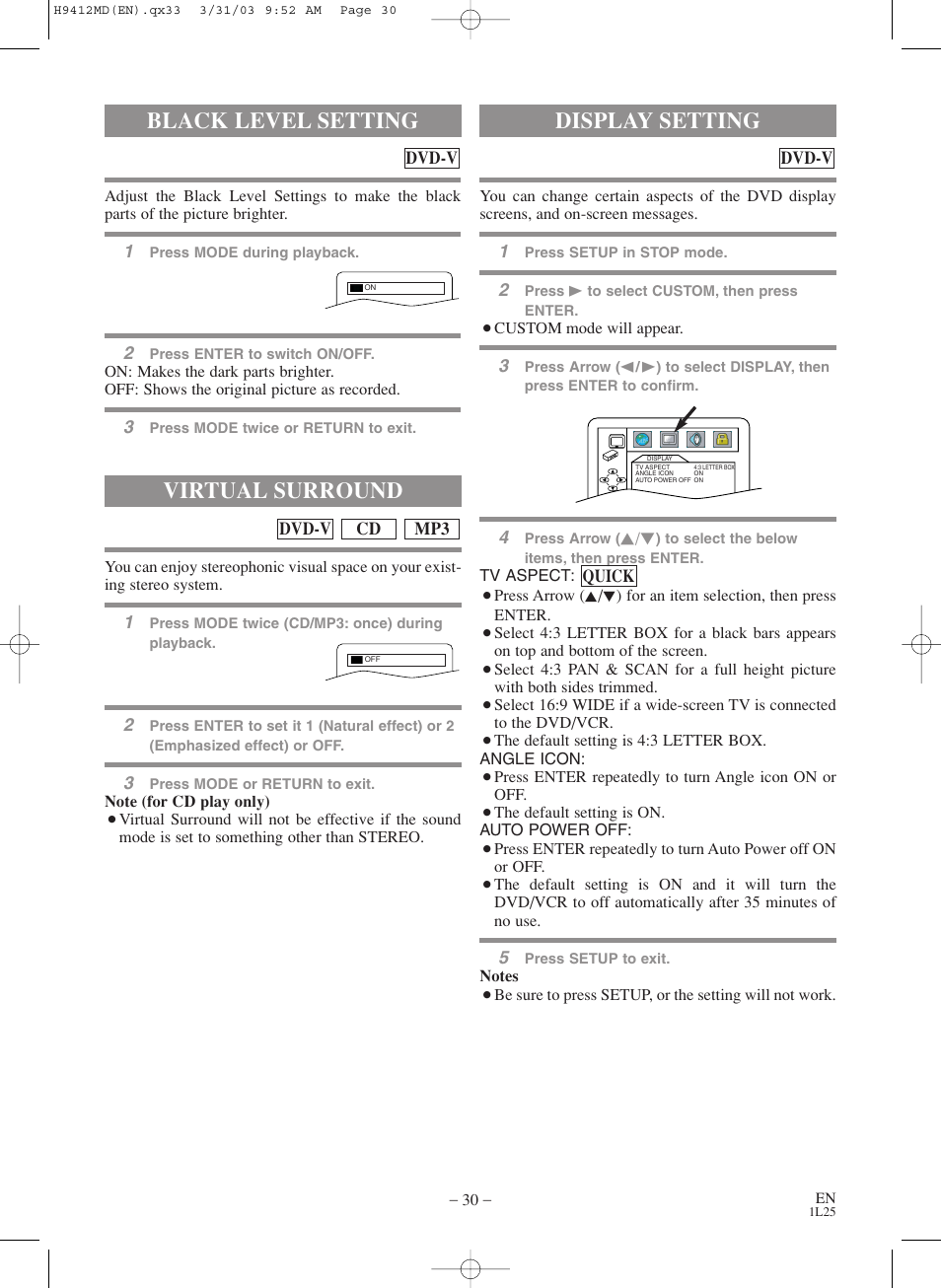 Black level setting, Virtual surround, Display setting | Emerson EWD2203M User Manual | Page 30 / 34