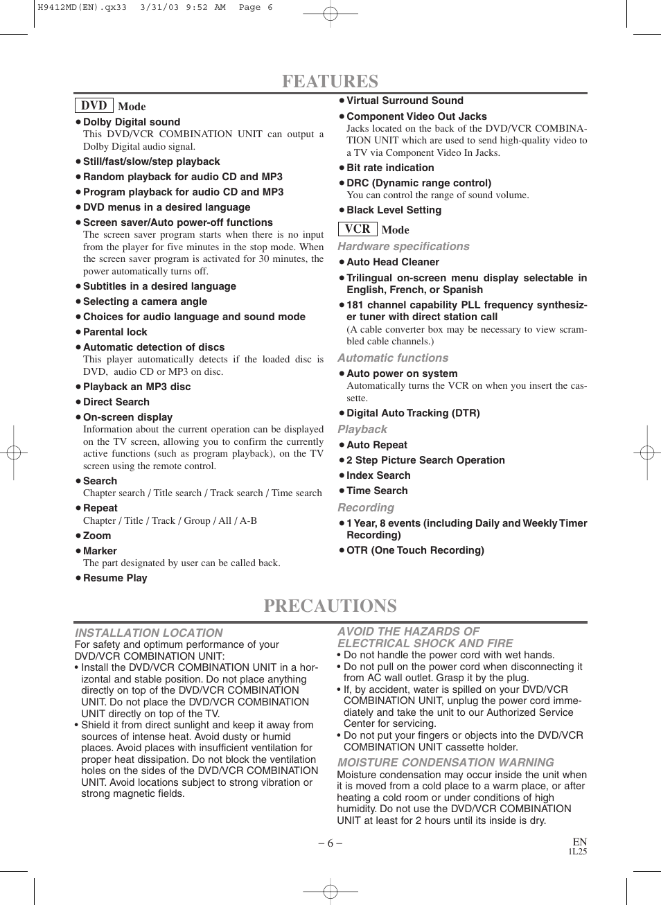 Features, Precautions | Emerson EWD2203M User Manual | Page 6 / 34