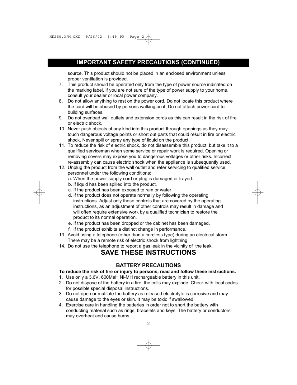 Save these instructions, Important safety precautions (continued) | Emerson HK250 User Manual | Page 2 / 28