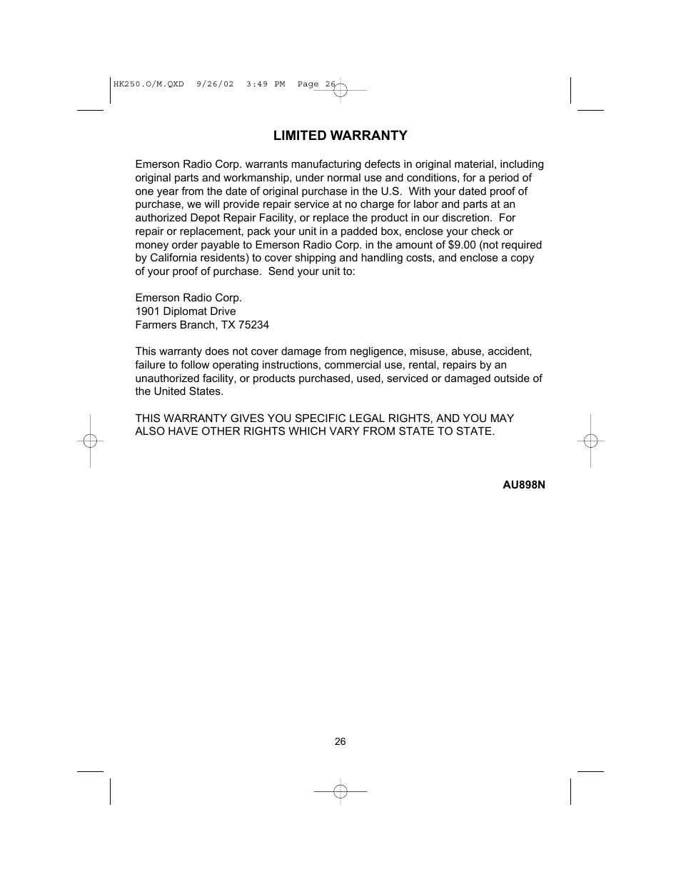 Emerson HK250 User Manual | Page 26 / 28