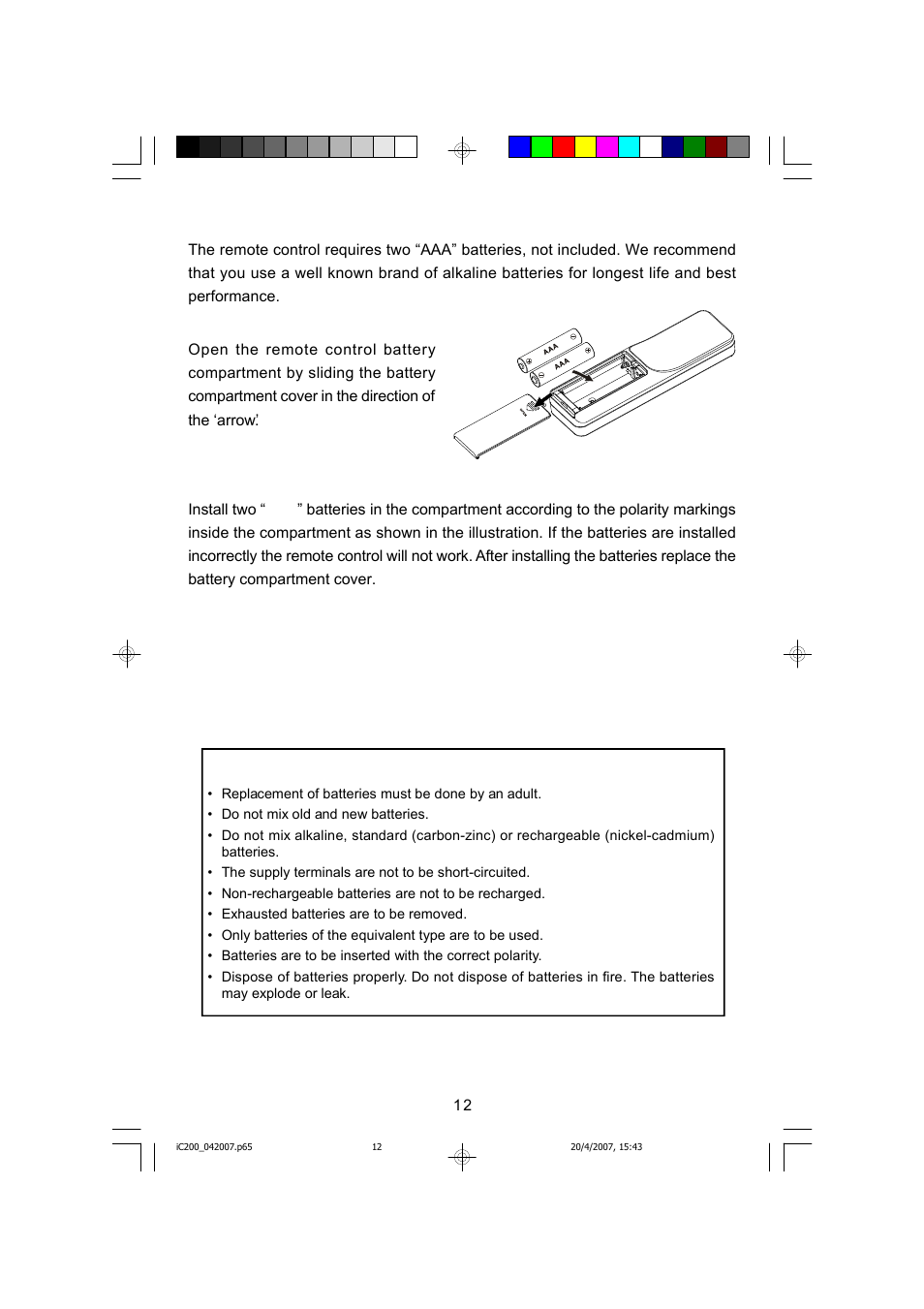 Installing the remote control batteries | Emerson iC200 User Manual | Page 13 / 48