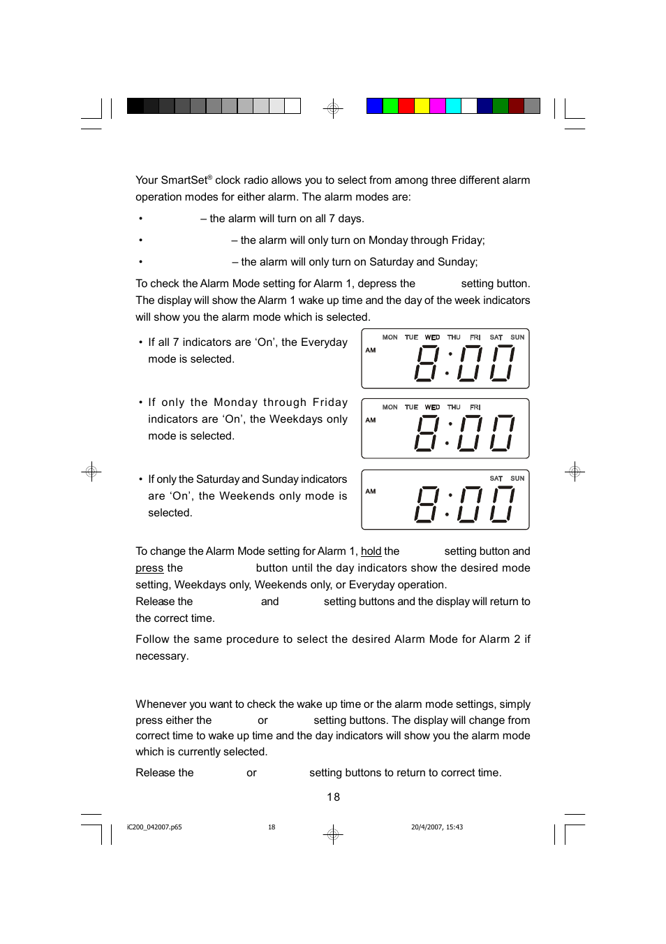 Selecting the alarm mode, Checking the wake up times and alarm mode, Alarm | Emerson iC200 User Manual | Page 19 / 48