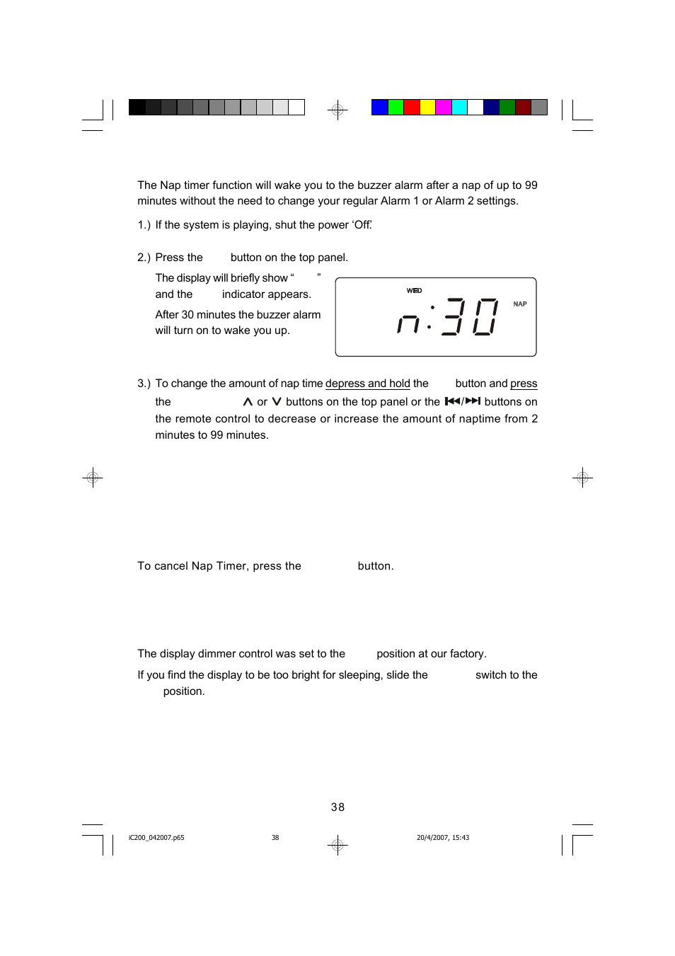 Nap timer (buzzer alarm only), Dimmer control | Emerson iC200 User Manual | Page 39 / 48